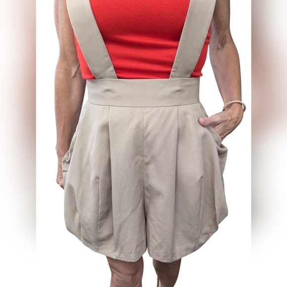 Opening Ceremony Wool Beige Suspender Shorts Overalls Size S High Waist Pockets - Picture 4 of 14